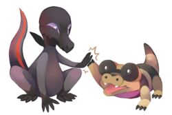  black_eyes claws commentary conmimi english_commentary eye_contact fangs full_body high_five looking_at_another no_humans pokemon pokemon_(creature) purple_eyes salandit sandile simple_background trait_connection white_background 