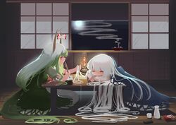  2girls absurdly_long_hair absurdres blanket blue_dress bottle bow bowl box calligraphy_brush cigarette_butt comb commentary dress fire fujiwara_no_mokou full_moon green_dress green_hair head_rest highres holding holding_brush horn_bow horn_ornament horns indoors kamishirasawa_keine kneeling leaning_forward long_hair long_sleeves looking_at_another moon multicolored_hair multiple_girls neckerchief no_mouth oil_lamp paintbrush paper playing_with_another&#039;s_hair puffy_short_sleeves puffy_sleeves red_bow red_eyes red_neckerchief sake_bottle short_sleeves sleeping sleeve_cuffs smoke sweet_reverie tail touhou two-tone_hair very_long_hair white_hair window wooden_floor 