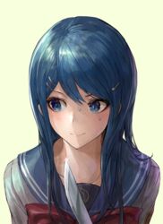  blue_eyes blue_hair blue_sailor_collar blush bow chan1moon collarbone danganronpa:_trigger_happy_havoc danganronpa_(series) female glint grey_shirt hair_ornament hairclip highres knife long_hair looking_away looking_to_the_side maizono_sayaka nervous_smile red_bow sailor_collar school_uniform serafuku shirt simple_background smile solo sweat upper_body white_background 