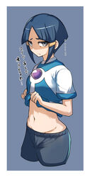  blue_hair clothes_lift cropped_legs female forehead frown gin_moku grey_eyes highres inazuma_eleven inazuma_eleven_(series) kurakake_clara lifting_own_clothes looking_at_viewer medium_hair navel pants shirt_lift short_sleeves sidelocks simple_background translated 