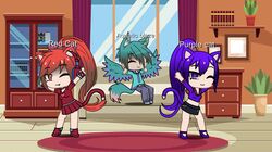  1boy 2girls cat_girl character_request fox_boy furry gacha_club highres lunime multiple_girls non-web_source purple_cat purple_hair red_cat red_hair source_request wings 