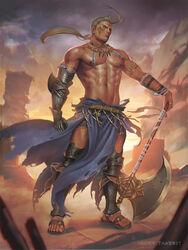  1boy abs ahoge armband armor artist_name asymmetrical_gloves axe bara belt blonde_hair canyon cloud commentary english_commentary facial_tattoo feathers fire_emblem fire_emblem:_the_blazing_blade fire_emblem_heroes full_body gauntlets gloves greaves hawkeye_(fire_emblem) highres holding holding_weapon jewelry male_focus muscular muscular_male necklace nickakito nipples no_tattoo outdoors pectorals pelvic_curtain ponytail sand sandals shorts solo standing sunset tattoo thighhighs topless_male torn_clothes twitter_username uneven_gloves weapon wrist_guards wristband zettai_ryouiki 