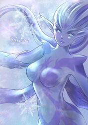  aqua_eyes artist_name blue_hair blue_skin breasts character_name closed_mouth colored_skin copyright_name eyelashes female final_fantasy final_fantasy_xi floating_hair hair_slicked_back highres light_blue_hair lips long_hair medium_breasts no_nipples nude piyoco pointy_ears purple_lips shiva_(final_fantasy) snowflakes solo 