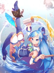  absurdres alcohol aqua_(konosuba) aqua_eyes aqua_hair beer boots chomusuke cup feline female ha_kang highres kono_subarashii_sekai_ni_shukufuku_wo! legs mug ponytail thigh_boots thighhighs 