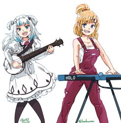  2girls :d absurdres bachunawa banjo blonde_hair blue_eyes breasts carole_&amp;_tuesday carole_stanley carole_stanley_(cosplay) cleavage cosplay crossover english_commentary gawr_gura hair_ornament highres hololive hololive_english instrument keyboard_(instrument) multiple_girls music open_mouth overalls playing_instrument sharp_teeth smile teeth tied_hair tuesday_simmons tuesday_simmons_(cosplay) two_side_up virtual_youtuber watson_amelia white_background white_hair 