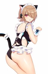  absurdres animal_ears ass blush brown_hair cat_ears cat_tail commentary_request fake_animal_ears fake_tail female from_behind hair_over_one_eye highres honkai_(series) honkai_impact_3rd kemonomimi_mode looking_at_viewer looking_back maid maid_headdress maid_one-piece_swimsuit mole mole_under_eye one-piece_swimsuit paw_pose red_eyes rita_rossweisse rita_rossweisse_(phantom_iron) scrunchie short_hair solo swimsuit tail thighs tutou_jiang unconventional_maid white_background wrist_scrunchie 