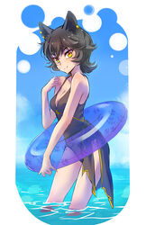  2017 animal_humanoid beach big_breasts bikini black_hair breasts cat_humanoid clothed clothing detailed_background ear_piercing faunus felid felid_humanoid feline feline_humanoid female fully_clothed hair hi_res humanoid iesupa inflatable inner_tube kali_belladonna legs_in_water looking_at_viewer mammal mammal_humanoid mature_female one-piece_swimsuit outside partially_submerged piercing pool_toy rooster_teeth rwby seaside short_hair smile solo standing standing_in_water submerged_legs swimwear water yellow_eyes 