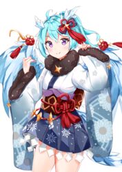  absurdres ahoge black_skirt blue_hair blue_hakama blue_wings blush closed_mouth commentary dragon_girl dragon_horns dragon_wings eyebrows_hidden_by_hair female floral_print fur-trimmed_sleeves fur_collar fur_trim furisode hair_between_eyes hakama hakama_short_skirt hakama_skirt hands_up highres horns japanese_clothes kimono long_hair long_sleeves looking_at_viewer obi pinching_sleeves pleated_skirt princess_connect! purple_eyes sash sheffy_(new_year)_(princess_connect!) sheffy_(princess_connect!) simple_background skirt sleeves_past_wrists smile solo split_mouth white_background white_kimono wide_sleeves wings yukaa 