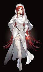  absurdres black_background breasts collar dress female flower full_body habit hand_on_own_hip harrymiao highres holding holding_sword holding_weapon lily_(flower) long_dress long_hair long_sleeves looking_at_viewer nun original puffy_long_sleeves puffy_sleeves red_eyes red_hair short_sword side_slit sidelocks solo straight_hair swept_bangs sword thigh_strap thighhighs very_long_hair walking weapon white_dress white_flower white_theme white_thighhighs 