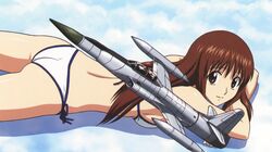  aircraft airplane ass back bikini breasts brown_eyes brown_hair closed_mouth cloud cloudy_sky day doi_shizuha f-94_starfire female highres long_hair looking_at_viewer lying medium_breasts official_art on_stomach scan sky smile solo stratos_4 swimsuit thighs vehicle_focus white_bikini yamauchi_noriyasu 