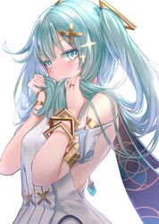  aqua_hair aqua_nails blush bracelet breasts clothing_cutout commentary_request cowlick dress faruzan_(genshin_impact) female genshin_impact green_eyes hair_ornament highres jewelry kachayori long_hair looking_at_viewer playing_with_own_hair ring shoulder_cutout small_breasts solo sparkle symbol-shaped_pupils triangle-shaped_pupils twintails white_background white_dress wristlet x_hair_ornament 