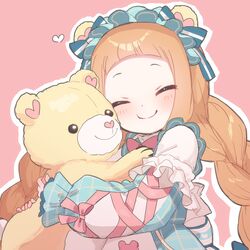  ^_^ animal_ears bear_ears blunt_bangs blush braid cheek-to-cheek closed_eyes commentary dress euphoniummatsu female heads_together highres hugging_object ichihara_nina idolmaster idolmaster_cinderella_girls long_sleeves orange_hair outline plaid plaid_dress puffy_long_sleeves puffy_sleeves simple_background smile solo stuffed_animal stuffed_toy symbol-only_commentary teddy_bear twin_braids twintails upper_body white_outline 