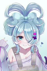  +_+ absurdres alternate_hairstyle aqua_eyes bare_shoulders blue_bow blue_eyes blue_hair blue_nails blue_wings borrowed_hairstyle bow breasts cinnamiku_hairstyle cleavage closed_mouth double_bun elira_pendora elira_pendora_(1st_costume) female grey_overalls hair_bun hair_ornament hair_over_one_eye hair_rings hair_up hairbow halftone halftone_background head_wings heart highres large_breasts light_blush long_hair looking_at_viewer mole multicolored_hair nijisanji nijisanji_en no_bra off_shoulder one_eye_covered overall_shorts overalls oversized_clothes reityana sidelocks sleeves_past_wrists smile solo sweater swept_bangs updo upper_body virtual_youtuber white_hair white_sweater wings x_hair_ornament 