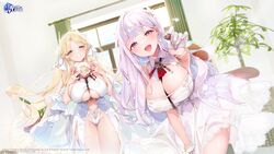  2girls absurdres armpits azur_lane bare_arms bare_shoulders between_breasts blonde_hair blue_eyes breasts brest_(azur_lane) candy center_opening chocolate cleavage cleavage_cutout clothing_cutout dress flower food grin hands_up heart heart-shaped_chocolate highleg highres holding huge_breasts kanola_u large_breasts leaning_forward long_hair looking_at_viewer multiple_girls navel official_art open_mouth outstretched_arm parted_bangs pink_eyes plymouth_(azur_lane) pointy_ears revealing_clothes rose second-party_source skindentation sleeveless sleeveless_dress smile stomach thigh_gap thighs underboob valentine very_long_hair white_dress white_hair 