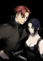  1boy baccano! black_hair breasts chane_laforet claire_stanfield cleavage closed_mouth dress elbow_gloves female formal gloves highres knife looking_at_viewer red_hair short_hair simple_background smile yellow_eyes zanpan526 