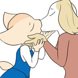  1:1 2020 aggretsuko anthro blue_clothing borzoi bottomwear bran-draws-things canid canine canis closed_eyes clothed clothing digital_media_(artwork) domestic_dog duo eyebrows female female/female fennec_fox fenneko fox hi_res holding_head hunting_dog inui_(aggretsuko) kiss_on_lips kissing looking_at_another mammal pencil_skirt sanrio sighthound simple_background skirt true_fox white_background 