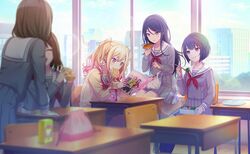  5girls backlighting bag bento black_hair blonde_hair blouse blue_eyes blue_hair blue_sky blunt_bangs blurry bob_cut bread breasts broccoli building cardigan chair chewing city cityscape classroom cloud cloudy_sky coin_purse collarbone colored_tips colorful_palette day depth_of_field desk double_horizontal_stripe drinking_straw eating egg food food_in_mouth fork gradient_hair grey_eyes grey_serafuku grey_shirt grey_skirt hair_between_eyes handbag head_tilt highres holding holding_fork hoshino_ichika_(project_sekai) indoors juice_box kiritani_haruka lens_flare long_hair long_sleeves magazine_(object) melon_bread miyamasuzaka_girls&#039;_academy_school_uniform mouth_hold multicolored_hair multiple_girls neckerchief official_art pink_eyes pink_hair plastic_bag pleated_skirt project_sekai reading red_neckerchief resonate_with_you_(project_sekai) sailor_collar school_chair school_desk school_uniform serafuku shirt short_hair sidelocks sideways_glance skirt sky small_breasts straight_hair sunlight tenma_saki third-party_source tomato twintails two-tone_hair wavy_hair white_sailor_collar window yakisoba yakisobapan yellow_cardigan 