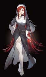  absurdres black_background black_dress black_theme breasts collar dated dress female flower full_body habit hand_on_own_hip harrymiao highres holding holding_sword holding_weapon lily_(flower) long_dress long_hair long_sleeves looking_at_viewer nun original puffy_long_sleeves puffy_sleeves red_eyes red_hair short_sword side_slit sidelocks signature solo straight_hair swept_bangs sword thigh_strap thighhighs very_long_hair walking weapon white_flower white_thighhighs 