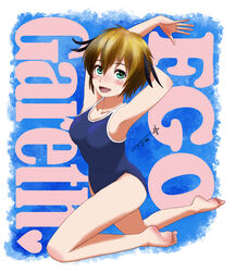  :d alternate_costume aqua_eyes arm_behind_head armpits arms_up artist_name barefoot black_hair blue_background blue_one-piece_swimsuit blush border breasts brown_hair character_name chutohampa collarbone commentary_request competition_school_swimsuit copyright_name fate_(series) feet female from_side full_body gareth_(fate) hair_between_eyes heart highres kneeling looking_at_viewer looking_to_the_side medium_breasts medium_hair multicolored_hair one-piece_swimsuit open_mouth school_swimsuit signature smile solo straight_hair swimsuit thighs two-tone_hair white_border 