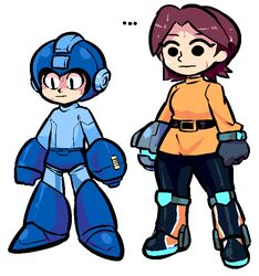  1boy :| arm_cannon belt belt_buckle black_belt black_eyes black_gloves black_legwear blue_footwear bodysuit boots breasts brown_hair buckle clenched_hand clenched_hands closed_mouth commentary dress female full_body gloves helmet jaggy_lines leggings long_hair long_sleeves mega_man_(character) mega_man_(classic) mega_man_(series) mii_(nintendo) mii_gunner mii_gunner_(smash_4) mob_face neon_trim newtype_hero oekaki orange_dress orange_sweater parted_bangs shiny_clothes shiny_legwear shirt simple_background standing super_smash_bros. sweat sweater symbol-only_commentary thick_thighs thighs weapon white_background 