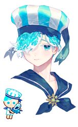  1boy anchor_symbol aqua_eyes aqua_hair caustics chibi closed_mouth cookie_run hair_over_one_eye hat humanization jubi_(bynl) light_smile liquid_hair looking_at_viewer male_focus multiple_views peppermint_cookie portrait sailor_collar sailor_hat seashell shell short_hair striped_clothes striped_headwear water waves wheel white_background 