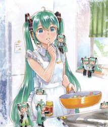  6+girls =_= ahoge apron aqua_eyes aqua_hair bare_shoulders black_legwear black_skirt black_sleeves book bottle chibi_miku_(mayo_riyo) clone commentary cookbook cooking detached_sleeves eating finger_to_own_chin frilled_apron frills frying_pan green_necktie grey_shirt hair_ornament hatsune_miku headphones headset holding holding_frying_pan in_pocket indoors kitchen long_hair mayo_riyo mini_person minigirl multiple_girls necktie note open_book parted_lips pleated_skirt pointing reading refrigerator shared_book shirt sitting skirt sleeveless sleeveless_shirt spice spring_onion spring_onion_print thighhighs thinking translated twintails very_long_hair vocaloid white_apron window 