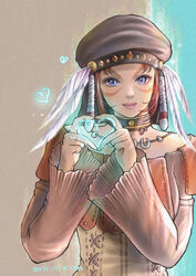  2021 adventurer_(ff11) artist_name beret black_choker black_hat blue_eyes choker closed_mouth dated eyelashes facial_mark feathers female final_fantasy final_fantasy_xi hands_up hat hat_feather heart heart_hands highres jewelry long_sleeves looking_at_viewer mithra_(ff11) necklace pink_lips piyoco red_hair short_hair smile solo white_feathers 