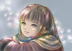  artist_name blue_background blue_eyes blunt_bangs brown_hair closed_mouth cornelia_karst eyelashes female final_fantasy final_fantasy_xi flower highres hume lips long_hair pink_lips piyoco smile solo upper_body 