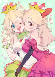  2girls absurdres asymmetrical_docking backless_dress backless_outfit bare_shoulders black_gloves blonde_hair blue_eyes blush bow breast_press breasts brooch claw_pose commentary_request couple covered_nipples crown detached_collar diamond_(gemstone) diamond_ring dress earrings elbow_gloves embarrassed eyeshadow fingernails flipped_hair freckles frilled_dress frills from_side full-face_blush gloves green_background green_dress green_nails green_skirt hair_between_eyes hairbow heart heart_earrings highres impossible_clothes impossible_dress jewelry lace-trimmed_skirt lace_trim large_bow large_breasts leaning_forward leaning_on_person long_hair long_tongue makeup mario_(series) maromayu multicolored_clothes multicolored_dress multiple_girls nail_polish new_super_mario_bros._u_deluxe off_shoulder one_eye_closed open_mouth pink_dress pink_eyeshadow ponytail princess_birdo princess_yoshi purple_eyes raised_eyebrows red_bow ring scrunchie shiny_clothes sideways_glance skirt sleeveless strapless strapless_dress super_crown tongue tongue_out wavy_eyes wavy_mouth white_dress wrist_scrunchie yuri 