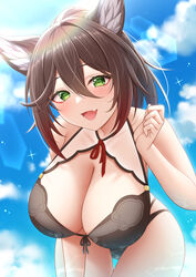  akira_(sayo_dayoo) animal_ears bent_over bikini blush breasts brown_hair cleavage female front-tie_bikini_top front-tie_top green_eyes highres honkai:_star_rail honkai_(series) huge_breasts looking_at_viewer sky smile solo swimsuit tingyun_(honkai:_star_rail) 