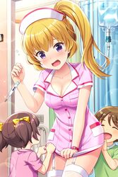  1boy 2girls absurdres alternative_girls blonde_hair blush breasts cleavage dress hat highres indoors lolicon long_hair mizushima_airi multiple_girls nurse nurse_cap official_art open_mouth pink_dress pink_headwear purple_eyes short_dress side_ponytail solo_focus thermometer twintails watch wristwatch 