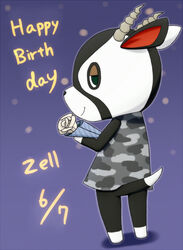  1boy ama_natu_san animal_crossing animal_ears back blue_background bouquet character_name commentary_request deer_ears flower green_eyes happy_birthday horns male_focus rose solo tail white_flower white_rose zell_(animal_crossing) 