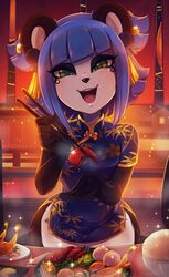  2019 animal_ears artist_name artist_signature bangs black_fur blue_dress blue_hair china_dress chinese_clothes chopsticks clothing dated dress eyeliner eyeshadow feeding female food furry green_eyes headdress headwear high_resolution legs_together looking_at_viewer makeup meat merunyaa nuwa_nightstone original panda panda_ears panda_girl patreon_username pettanko pixiv_username short_dress short_hair side_slit solo two-tone_fur white_fur 