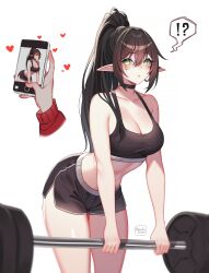  !? absurdres barbell bare_shoulders black_choker black_hair black_sports_bra blush breasts cellphone choker choppy_bangs cleavage collarbone dolphin_shorts elf female green_eyes highres large_breasts layna_lazar leaning_forward light_blush long_hair noodychaan phone pointy_ears ponytail shorts sidelocks signature simple_background speech_bubble spoken_interrobang sports_bra sportswear upper_body white_background 