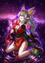  adricarra artist_name breasts cleavage commentary dark_persona dragonstone dress evil_smile eyes_of_grima female fire_emblem fire_emblem_awakening grey_hair hair_ornament pointy_ears ponytail red_dress red_eyes sidelocks sitting smile solo tiki_(adult)_(fire_emblem) tiki_(fire_emblem) 
