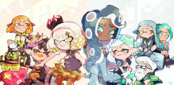  2boys 6+girls agent_3_(splatoon) agent_4_(splatoon) agent_8_(splatoon) ankle_boots aqua_eyes aqua_hair aqua_pantyhose beard behind-the-head_headphones black_crown black_dress black_footwear black_gloves black_hair black_jacket black_jumpsuit blonde_hair blue_bodysuit blue_hair blue_tongue bodysuit boots bow-shaped_hair callie_(splatoon) cap&#039;n_cuttlefish cephalopod_eyes cleavage_cutout clenched_hand clenched_hands closed_eyes closed_mouth clothing_cutout collar colored_tongue commentary_request cross-shaped_pupils crown dark-skinned_female dark_skin detached_collar dj_octavio dress earrings facepaint facial_hair feline fingerless_gloves furrowed_brow gloves gold_crown gradient_hair green_jacket grin hand_on_own_arm headphones headphones_around_neck high-visibility_clothing high-visibility_vest highres horizontal_pupils hyper_bomb_(splatoon) inkling jacket jewelry jumpsuit kirikuchi_riku li&#039;l_judd_(splatoon) long_hair looking_at_another marie_(splatoon) marina_(splatoon) medium_hair mole mole_under_eye mole_under_mouth multicolored_hair multiple_boys multiple_girls octoling oerba_yun_fang official_alternate_costume old old_man open_mouth orange_eyes orange_hair orange_pantyhose orange_tongue pantyhose parted_bangs pearl_(splatoon) petting pink_pupils pointy_ears short_jumpsuit sitting smile splatoon_(series) splatoon_2 strapless strapless_dress sweat swept_bangs symbol-shaped_pupils tentacle_hair thick_eyebrows tilted_headwear twintails two-tone_hair v-shaped_eyebrows wavy_hair white_collar white_gloves white_hair yellow_eyes 