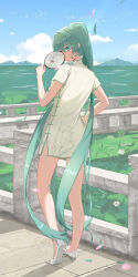  absurdres alternate_costume aqua_eyes aqua_hair blue_sky china china_dress chinese_clothes dress female floral_print_dress flower full_body hatsune_miku high_heels highres long_hair lotus lotus_leaf mountainous_horizon ocean outdoors sky tuanshan very_long_hair vocaloid white_dress white_footwear worldwide_miku 