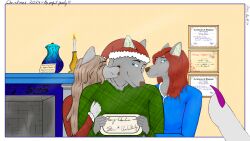  16:9 absurd_res adopted_(lore) adopted_daughter_(lore) adopted_son_(lore) adoptive_mother_(lore) age_difference anthro bbear biped blue_clothing blue_eyes blue_sweater blue_topwear breasts brown_hair candle canid canine canis certificate christmas christmas_clothing christmas_headwear closed_eyes clothed clothing dated daughter_(lore) digital_media_(artwork) elderly elderly_female english_text family_photo felicia_(bbear) female fenrir_(bbear) fireplace fur furniture green_clothing green_sweater green_topwear grey_body grey_fur group hair happy hat headgear headwear hi_res holidays huge_filesize kissing_cheek long_hair looking_at_viewer male mammal marriage_certificate mature_anthro mature_female mother_(lore) mother_and_child_(lore) mother_and_daughter_(lore) mother_and_son_(lore) mrs._charles_(bbear) older_female parent_(lore) parent_and_child_(lore) parent_and_daughter_(lore) parent_and_son_(lore) photo red_clothing red_hair red_sweater red_topwear santa_hat shaded sign signature simple_background smile son_(lore) standing sweater text topwear trio urn widescreen wolf 