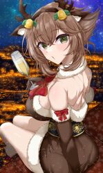  alcohol animal_costume antlers back breasts brown_dress brown_hair champagne champagne_flute chamumi_(mochiumee) christmas city_lights cityscape cleavage cup dress drinking_glass fake_antlers female fur-trimmed_dress fur_trim gloves green_eyes highres holding holding_cup horns kantai_collection large_breasts looking_at_viewer looking_back mutsu_(kancolle) night reindeer_antlers reindeer_costume sash short_hair sitting sky smile solo star_(sky) starry_sky 