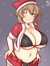  alternate_costume artist_logo black_bra black_panties blush bra breasts brown_hair christmas cowboy_shot dated female fur-trimmed_headwear fur_trim green_eyes hat kanon_(kurogane_knights) kantai_collection large_breasts logo looking_at_viewer mickey_red_short midriff mutsu_(kancolle) one-hour_drawing_challenge one_eye_closed panties santa_costume santa_hat short_hair short_sleeves smile snowing solo underwear undressing 