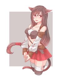  animal_ears bad_id bad_twitter_id bare_shoulders black_hair breasts cat_ears cat_girl cat_tail cleavage collarbone cosplay cropped_legs detached_sleeves earrings female final_fantasy final_fantasy_vii final_fantasy_xiv fingers_together hair_between_eyes highres jewelry kemonomimi_mode long_hair long_sleeves low-tied_long_hair medium_breasts miniskirt miqo&#039;te navel open_mouth pink_eyes puffy_long_sleeves puffy_sleeves red_skirt skirt smile solo tail thighhighs tifa_lockhart toufu_(toufu_53) very_long_hair warrior_of_light_(ff14) white_thighhighs 