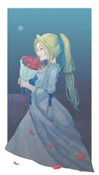  bad_id bad_twitter_id blonde_hair blue_dress blue_ribbon bouquet celes_chere closed_eyes closed_mouth dress earrings female final_fantasy final_fantasy_vi flower from_side full_moon hair_ribbon highres holding holding_bouquet jewelry leaf long_hair moon necklace petals ponytail red_flower red_rose ribbon rose solo toufu_(toufu_53) wide_sleeves 