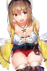  :d arms_behind_back atelier_(series) atelier_ryza atelier_ryza_1 bare_shoulders belt belt_buckle beret blue_belt blurry breasts brown_belt brown_eyes brown_hair buckle cleavage collarbone commentary_request detached_sleeves female hair_between_eyes hair_ornament hairclip hat highres jacket jewelry large_breasts leather leather_belt medium_hair necklace open_clothes open_jacket open_mouth orihi_chihiro pouch red_shorts reisalin_stout shirt short_shorts shorts simple_background sitting skindentation sleeveless sleeveless_jacket smile solo star_(symbol) star_necklace thigh_gap thigh_pouch thighhighs thighs vial white_background white_hat white_shirt white_thighhighs yellow_jacket 