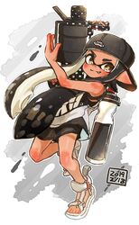  .52_gal_(splatoon) backwards_hat bad_id bad_twitter_id baseball_cap black_eyes black_hair black_shorts blunt_bangs closed_mouth commentary dated diagonal_stripes dolphin_shorts female full_body harutarou_(orion_3boshi) hat highres holding holding_weapon ink_tank_(splatoon) inkling inkling_girl inkling_player_character leaning_back logo long_hair looking_at_viewer oerba_yun_fang pointy_ears sandals shirt short_shorts shorts sleeveless sleeveless_shirt smile solo splatoon_(series) splatoon_2 sports_sandals standing standing_on_one_leg striped striped_background tan tentacle_hair weapon white_footwear white_shirt 