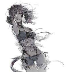  au_ra bikini black_bikini black_hair black_skin brown_eyes dragon_horns dragon_tail dutch_angle facing_viewer female final_fantasy final_fantasy_xiv horns hug_ff14 looking_to_the_side parted_lips scales see-through short_hair solo swimsuit tail white_background wind 