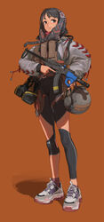  absurdres akmsu assault_rifle asymmetrical_legwear black_eyes black_hair braid brown_background bypos commentary dark-skinned_female dark_skin female full_body gun head_scarf helmet highres holding holding_gun holding_weapon long_hair long_sleeves mole mole_under_eye original rifle shadow shoes simple_background smile solo standing uneven_legwear unworn_headwear unworn_helmet weapon white_footwear 