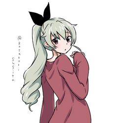  :o anchovy_(girls_und_panzer) black_ribbon commentary_request drill_hair female from_behind girls_und_panzer hair_ribbon katakori_sugita long_hair long_sleeves looking_at_viewer looking_back one-hour_drawing_challenge parted_lips ponytail red_eyes red_shirt ribbon shirt simple_background single_drill solo standing twitter_username upper_body white_background 