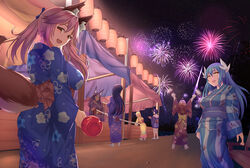  6+girls absurdres aerial_fireworks ahoge animal_ear_fluff animal_ears aqua_eyes aqua_hair blonde_hair blue_kimono braid breasts candy_apple commentary cup dark-skinned_female dark_skin dragon_girl dragon_horns fate/extra fate/grand_order fate_(series) fireworks floral_print food fox_ears fox_girl fox_tail french_braid hair_bun highres horns ibaraki_douji_(fate) japanese_clothes jifuwabe katana kimono kiyohime_(fate) lantern large_breasts long_hair minamoto_no_raikou_(fate) multiple_girls nero_claudius_(fate) nero_claudius_(fate/extra) night night_sky obi off_shoulder oni open_mouth pink_hair pointy_ears purple_hair purple_kimono queen_of_sheba_(fate) revealing_clothes sakazuki sash senkou_hanabi short_kimono shuten_douji_(fate) single_hair_bun skin-covered_horns sky sparkler star_(sky) starry_sky surprised sword tail tamamo_(fate) tamamo_no_mae_(fate/extra) very_long_hair weapon yellow_eyes yellow_kimono yukata 