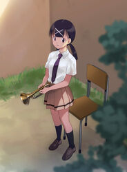  chair collared_shirt commentary_request female hair_ornament hairclip hakka0320 highres instrument itou_hikari kneehighs low_twintails necktie outdoors parted_lips photoshop_(medium) pleated_skirt purple_necktie school_chair school_uniform shirt short_sleeves skirt socks solo standing trumpet twintails watashi_ga_motenai_no_wa_dou_kangaetemo_omaera_ga_warui! white_shirt x_hair_ornament 