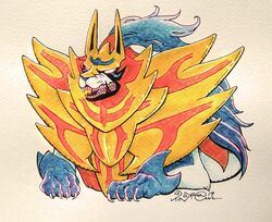  2019 ambiguous_gender blue_body blue_fur canid crowned_shield_zamazenta feral fur generation_8_pokemon glowing glowing_eyes legendary_pokemon mammal multicolored_body nintendo painting_(artwork) pokemon pokemon_(species) sharp_teeth signature simple_background solo taragraphika teeth traditional_media_(artwork) watercolor_(artwork) zamazenta 